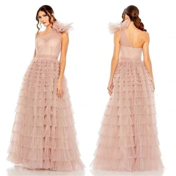 NWT Mac Duggal 20447 One Shoulder Bow Feather Tiered A-Line Gown $798 Sz 10 ROSE - Picture 1 of 7